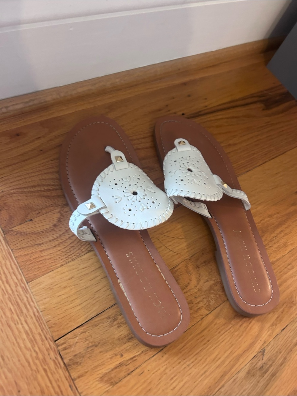 Jack Rogers White Cutout Leather Thong Sandals with Tan Footbed, worn once